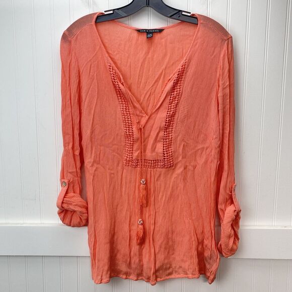 Zac & Rachel Boho Blouse Sz XL Coral/Orange Roll Tab Sleeve Gauze Tassels Beads - Picture 1 of 9